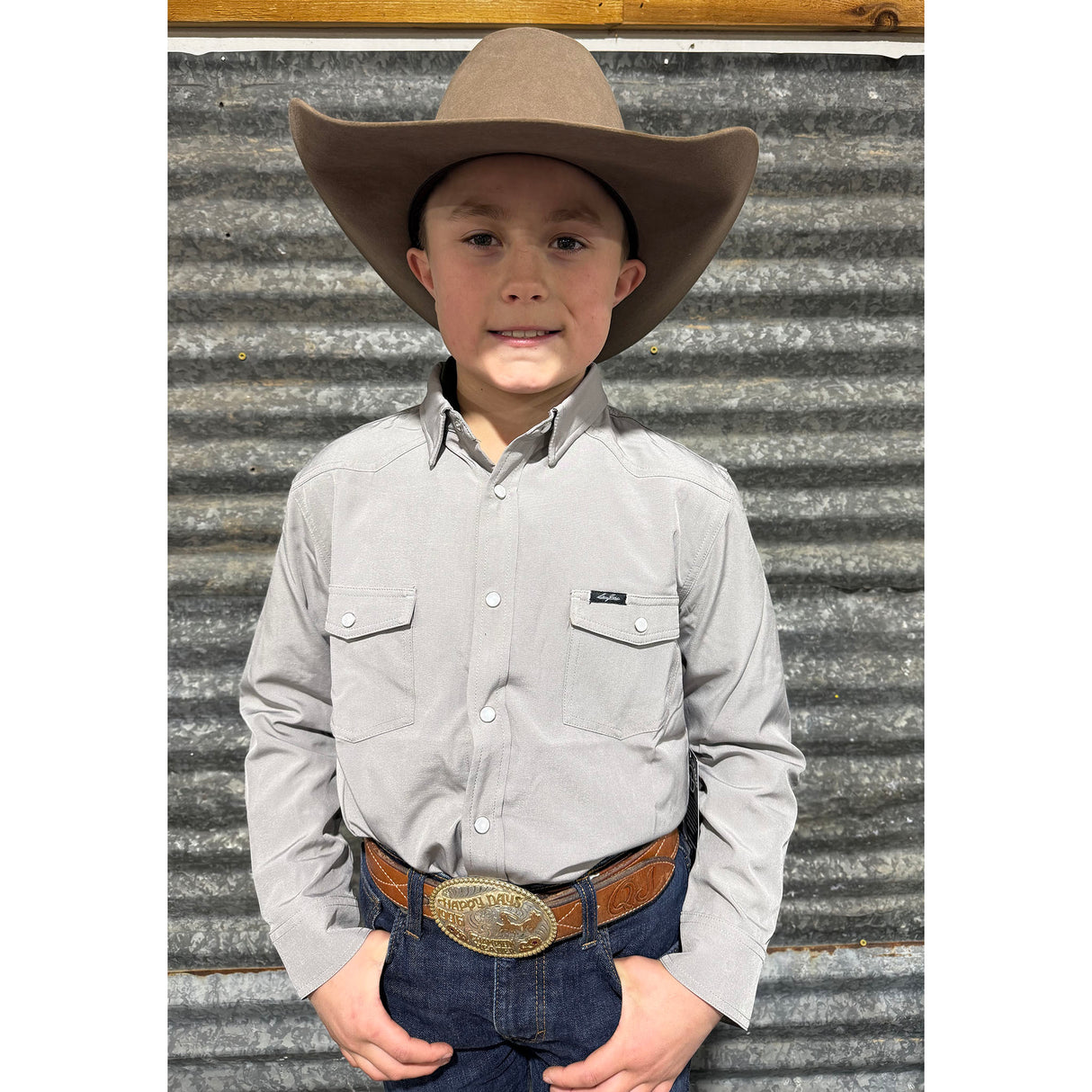 San Jac Youth Long Sleeve Performance Pearl Snap Shirt - Grey