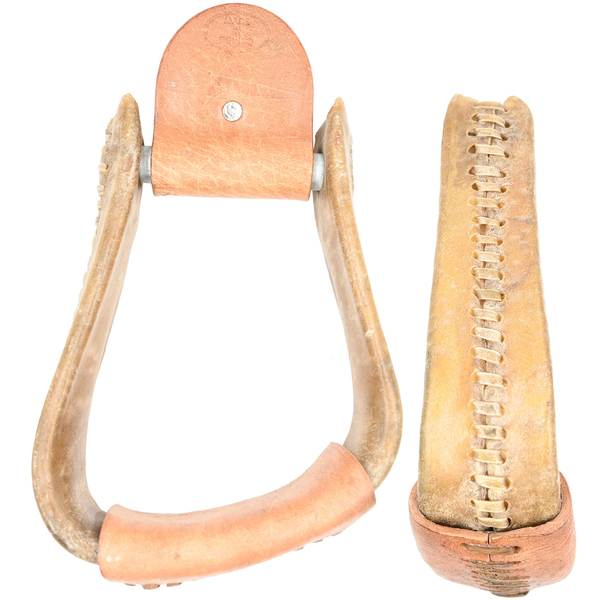 Jerry Beagley 3 1/2" Rawhide Covered Crooked Roper Stirrups