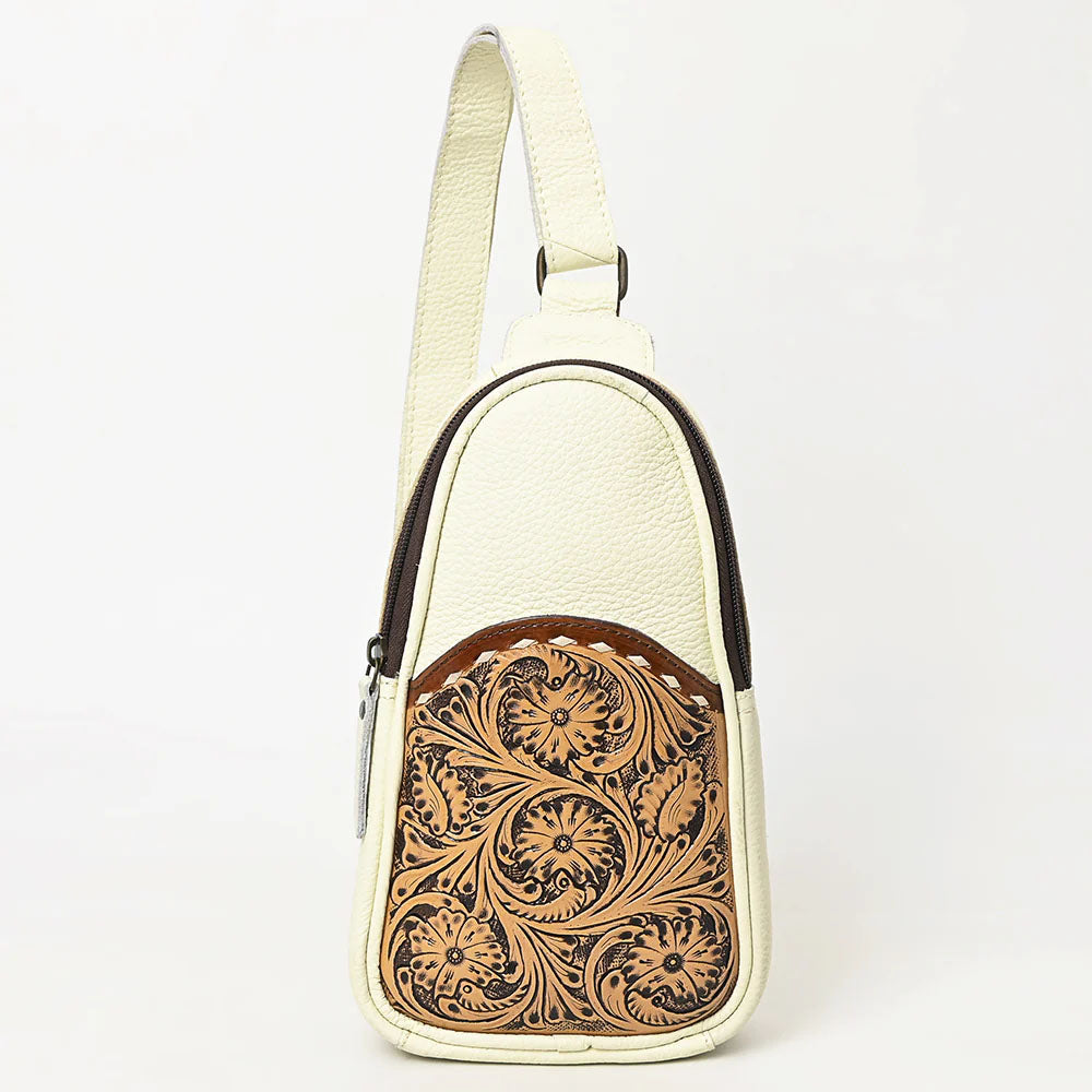 American Darling Cream Leather Sling Bag with Tooled Pocket