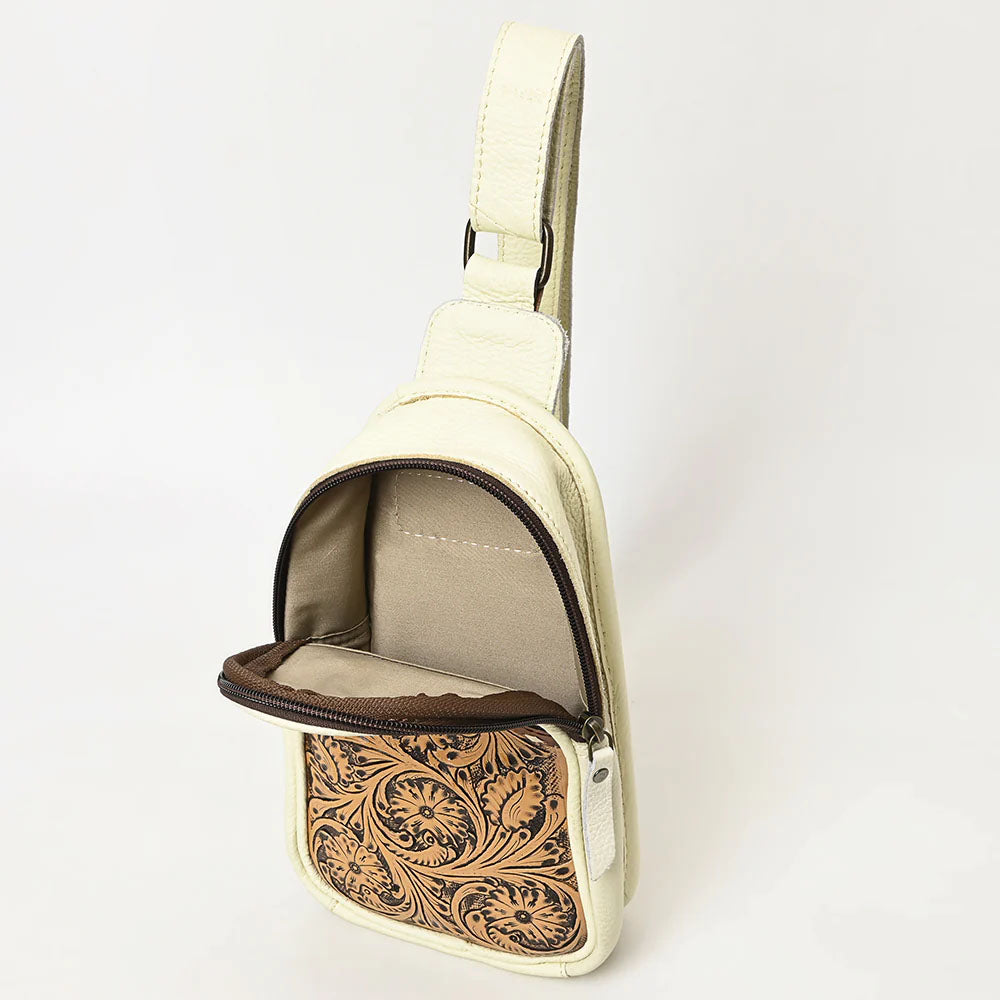 American Darling Cream Leather Sling Bag with Tooled Pocket
