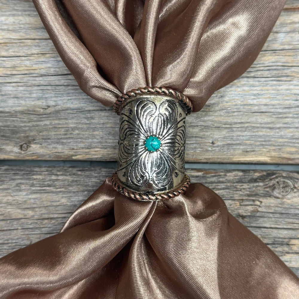 Rodeo Drive Floral Engraved Wild Rag Slide with Turquoise Accents