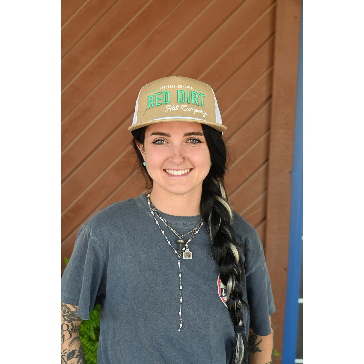 Red Dirt Hat Co. Papa Khaki and White Mesh Flatbill Cap