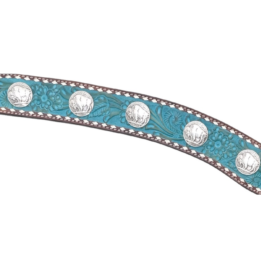 Rafter T Ranch Co. 2" Turquoise Washed Floral Tooled Breast Collar with Buffalo Nickel Conchos