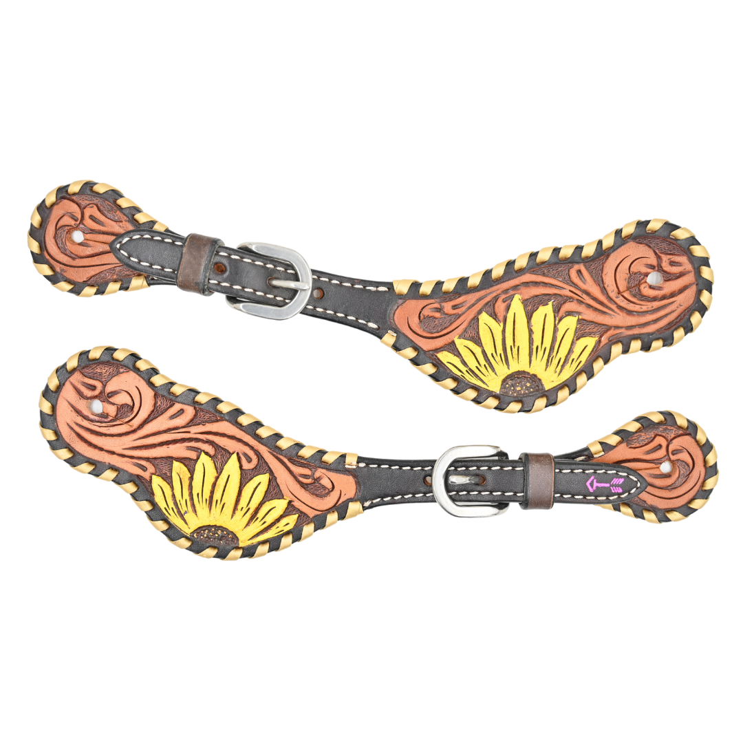 Rafter T Ranch Co. Painted Sunflower Ladies Spur Straps with Metallic Whipstitch
