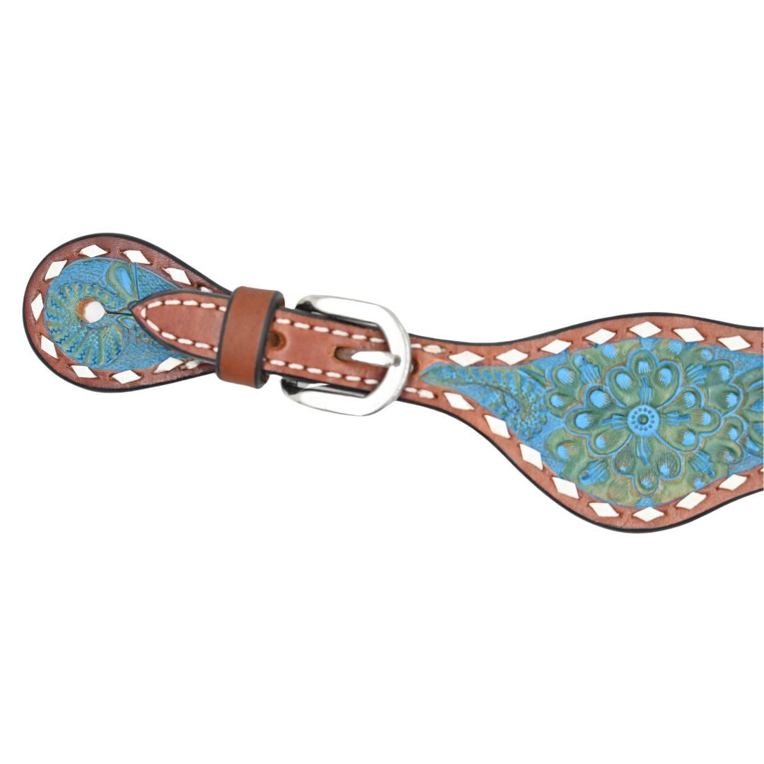 Rafter T Ranch Co. Ladies Spur Straps with Basket Tooling, Rawhide Weaving, Turquoise Beads main image 1