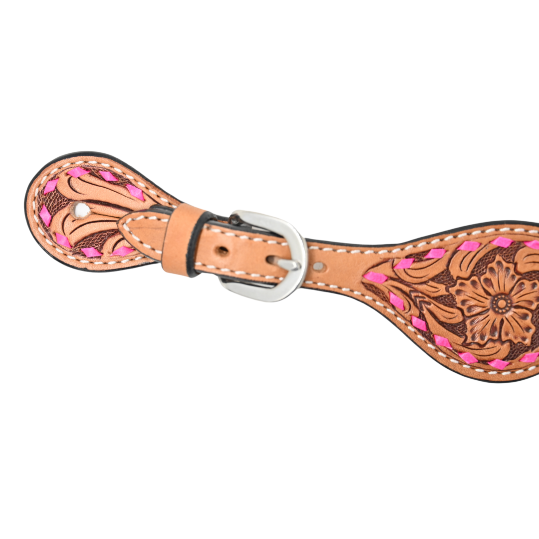 Rafter T Tack Kids Spur Straps with Floral Tooling & Pink Buckstitch