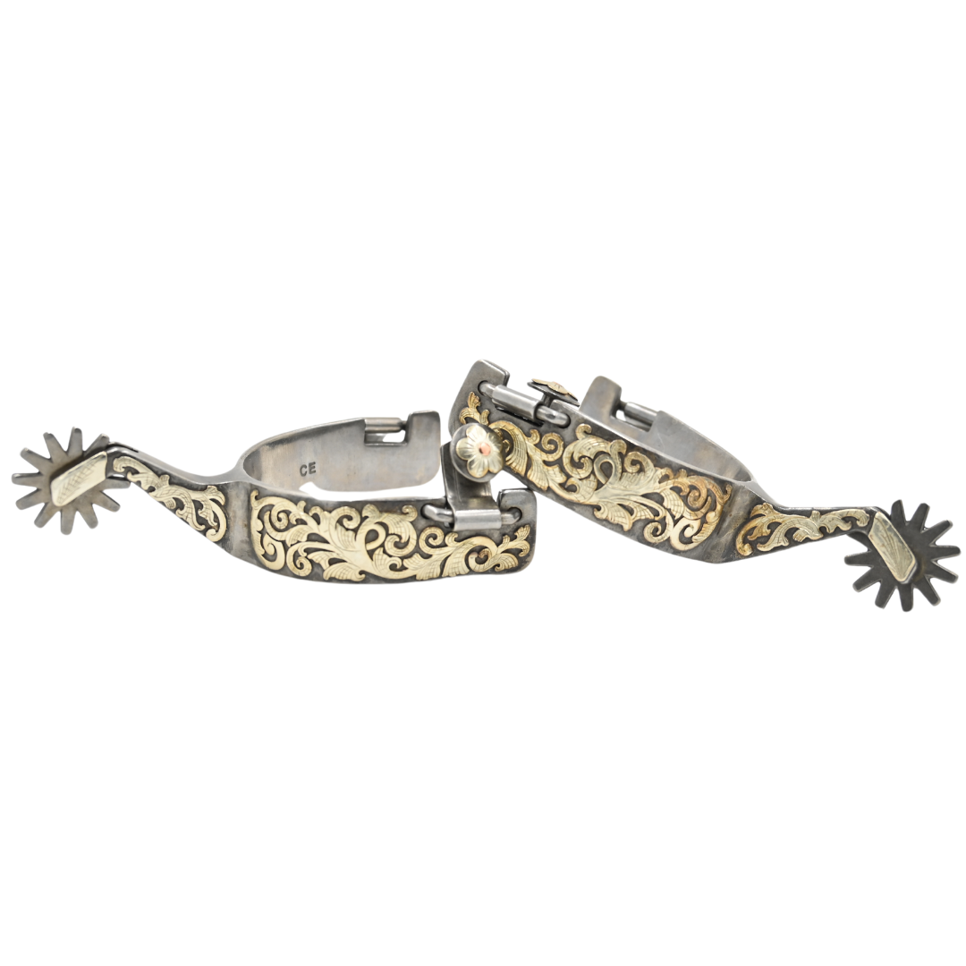Classic Equine Performance Horse Spurs with Silver and Copper Scroll Overlay - 12pt Long Shank