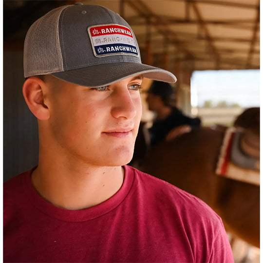 STS Ranchwear Heather Grey and Light Grey Mesh Cap with Red, White & Blue Patch
