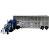 Model of a blue truck with a silver trailer on a white background