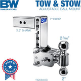 B & W Hitches Tow & Stow 2"& 2 5/16" Balls 7" Drop Trailer Hitch- Chrome