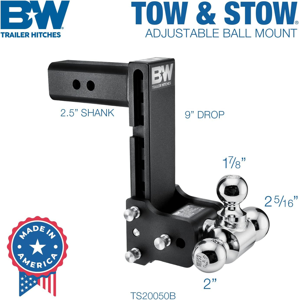 B & W Tow & Stow Hitches 1 7/8", 2", 2 5/16" Balls 8 1/2" Drop Trailer Hitch- Black