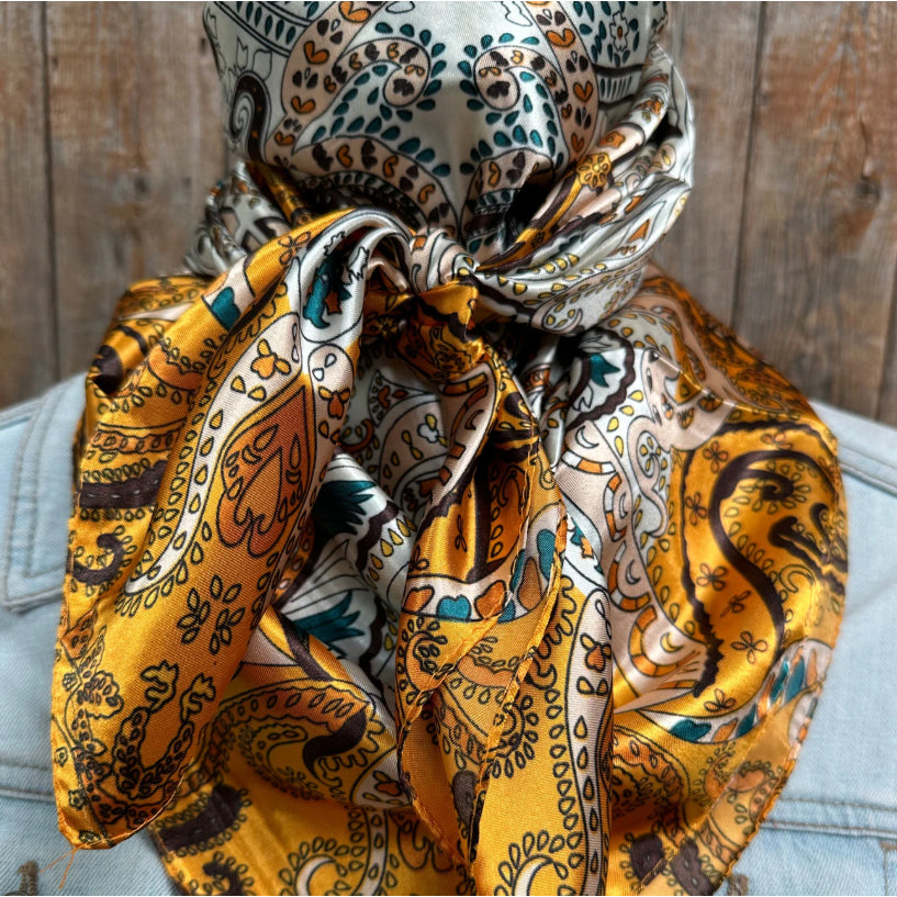Rodeo Drive 35"x35" Golden, Green and Brown Paisley Wild Rag